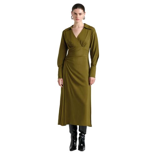Cue Olive Long Sleeve Ruched Midi Dress